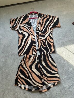 Two-Piece Zebra Print Set in Black, Tan & Cream
